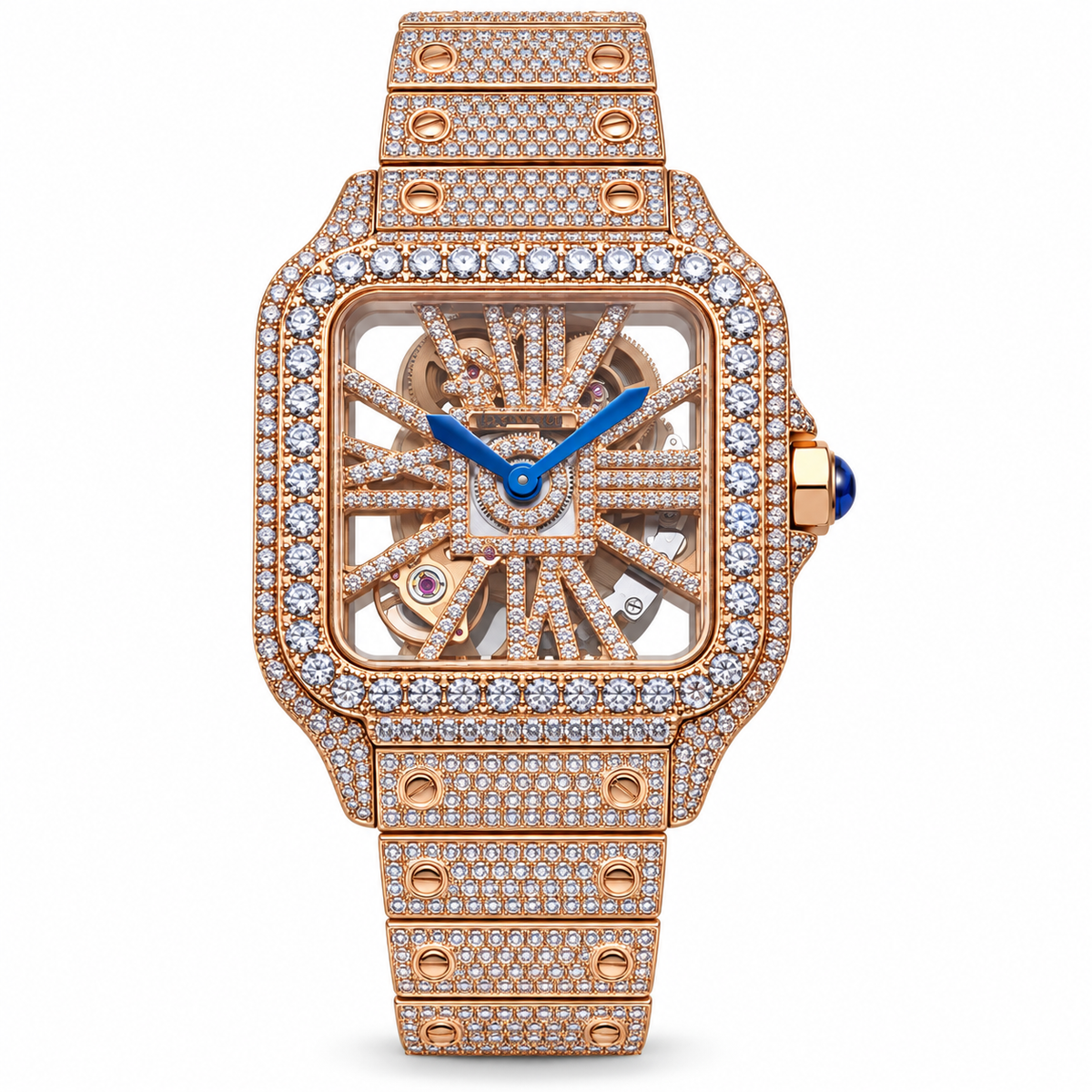 Cartier Santos de Cartier Iced Out Rose Gold Full Diamond Skeleton Dial Bracelet Watch