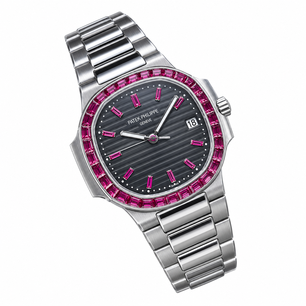 Patek Philippe Nautilus Pink Sapphire Baguette Steel Black Dial