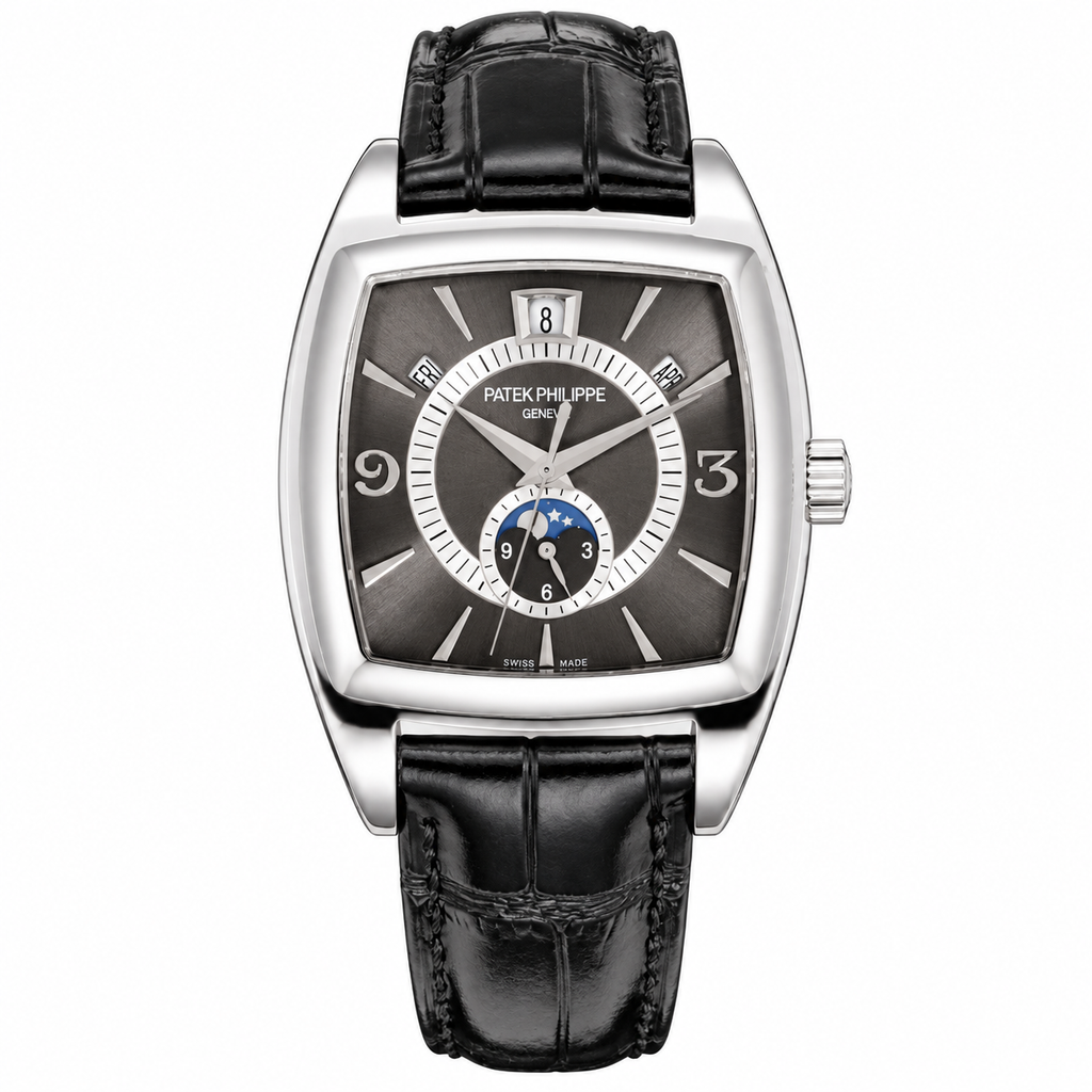 Patek Philippe Gondolo Calendario White Gold TV-Shaped Charcoal Dial Annual Calendar Moon Phase Small Seconds Black Strap 34mm