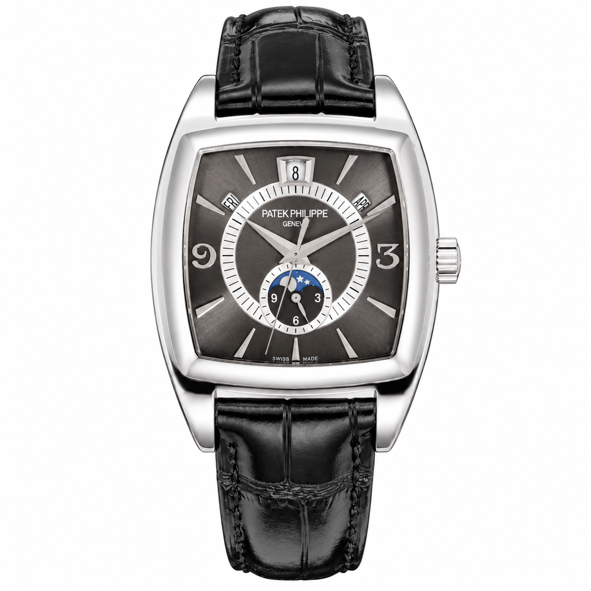 Patek Philippe Gondolo Calendario White Gold TV-Shaped Charcoal Dial Annual Calendar Moon Phase Small Seconds Black Strap 34mm