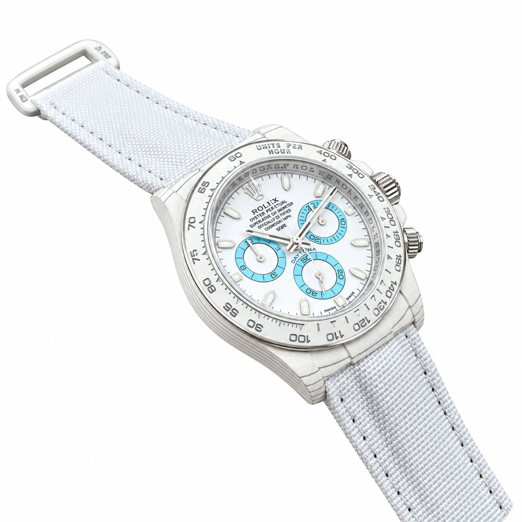 Rolex Daytona White Dial Blue Subdials Canvas Strap