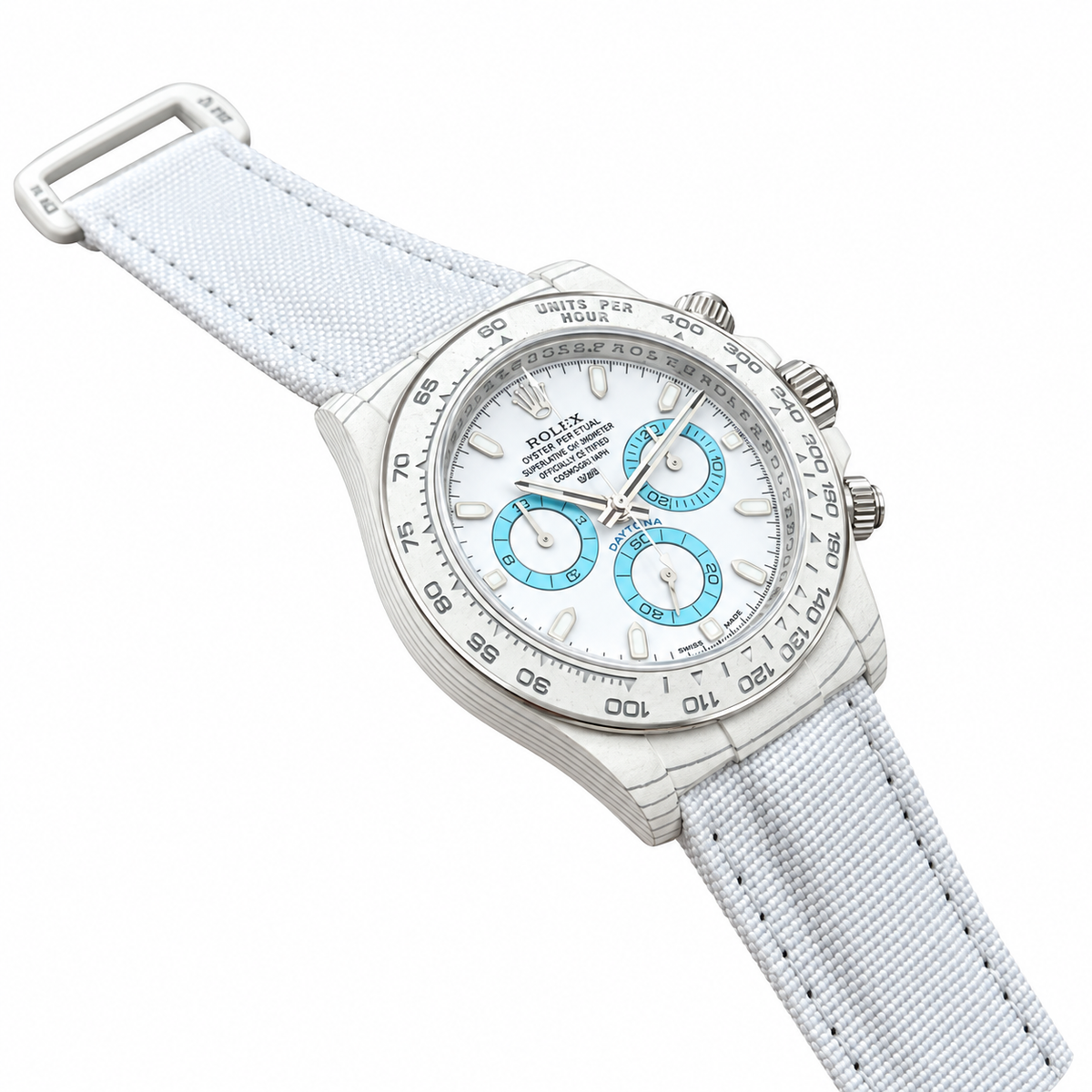 Rolex Daytona White Dial Blue Subdials Canvas Strap