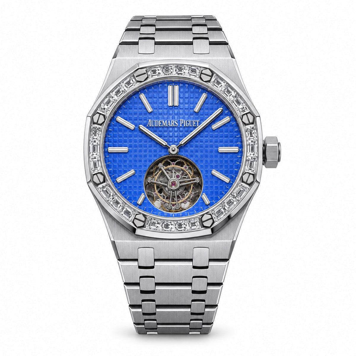 Audemars Piguet Royal Oak Tourbillon Baguette Diamond Bezel Electric Blue Grande Tapisserie Dial Steel Bracelet