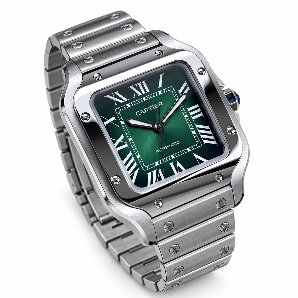 Cartier Santos de Cartier Large Stainless Steel Green Dial Roman Numeral Steel Bracelet Automatic Watch