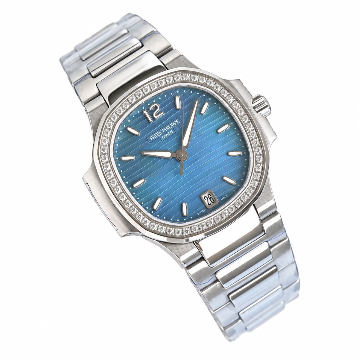 Patek Philippe Nautilus Ladies Stainless Steel Blue Green MOP Dial Date Steel Bracelet 40mm