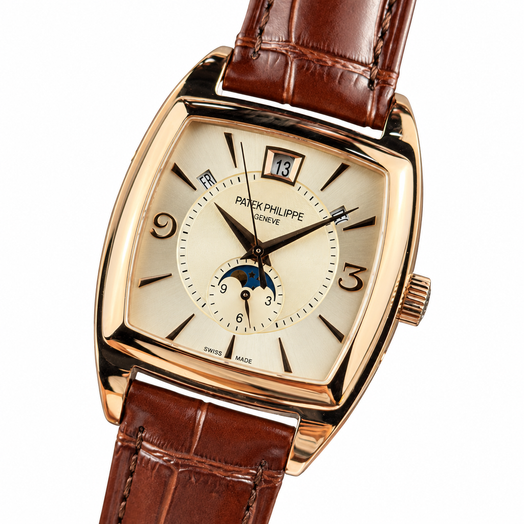 Patek Philippe Gondolo Cushion Rose Gold Annual Calendar Moon Phase Small Seconds Ivory Dial Brown Strap 34mm