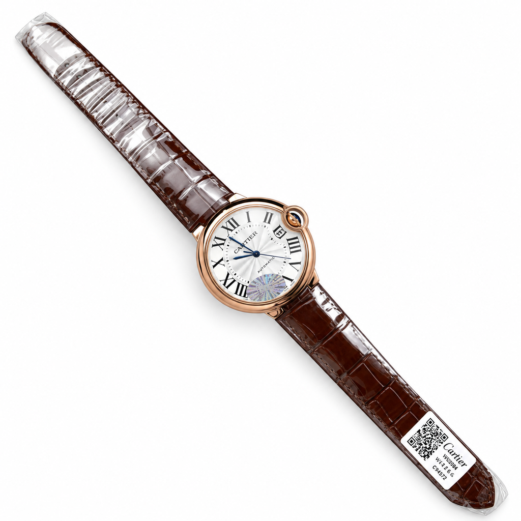 Cartier Ballon Bleu de Cartier Rose Gold White Guilloché Dial Brown Alligator Automatic Watch