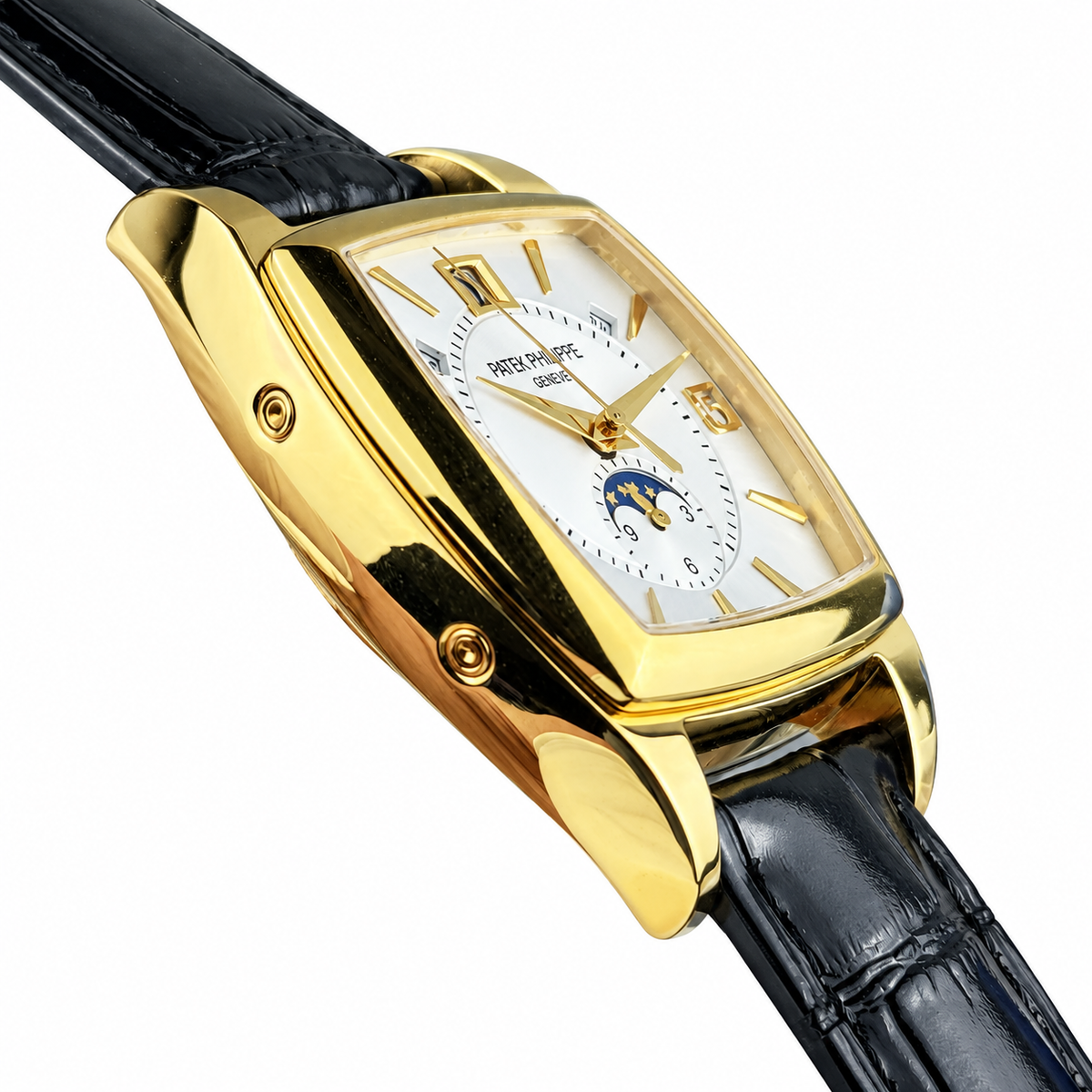 Patek Philippe Gondolo Cushion Yellow Gold Moon Phase Day Date Month Silver Dial Black Strap 34mm