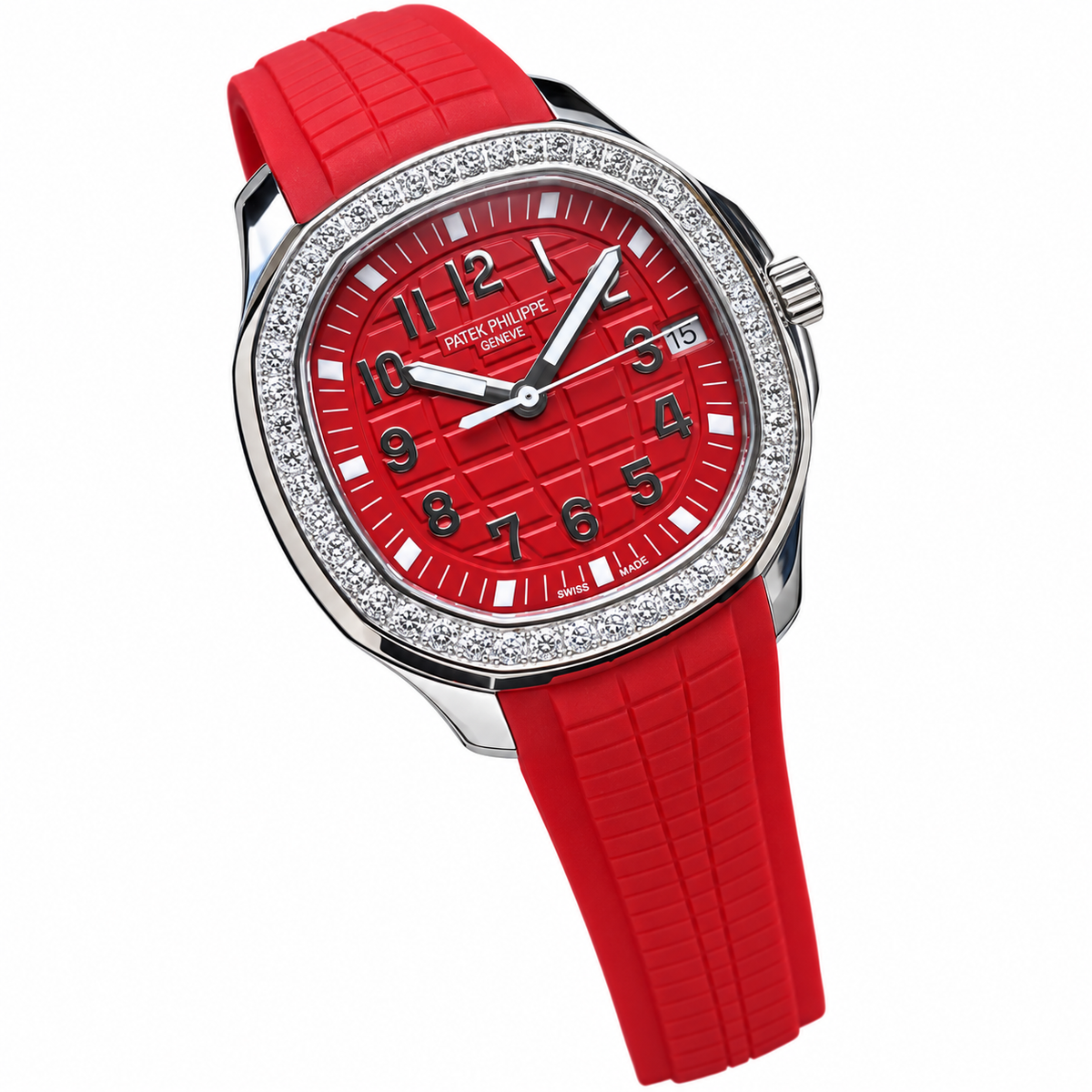 Patek Philippe Aquanaut Luce Steel Diamond Bezel Red Dial Red Rubber Strap Date 39.9mm