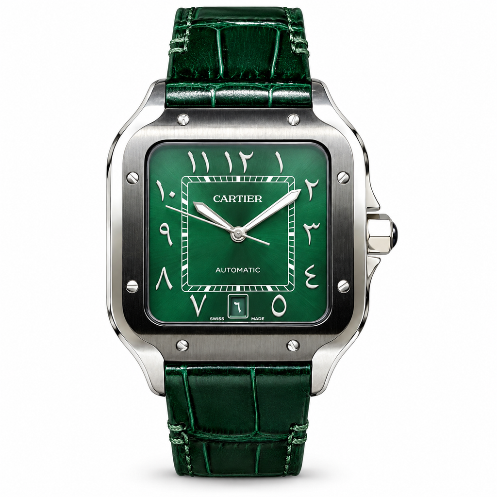Cartier Santos de Cartier Large Stainless Steel Green Dial Green Alligator Strap Automatic Watch