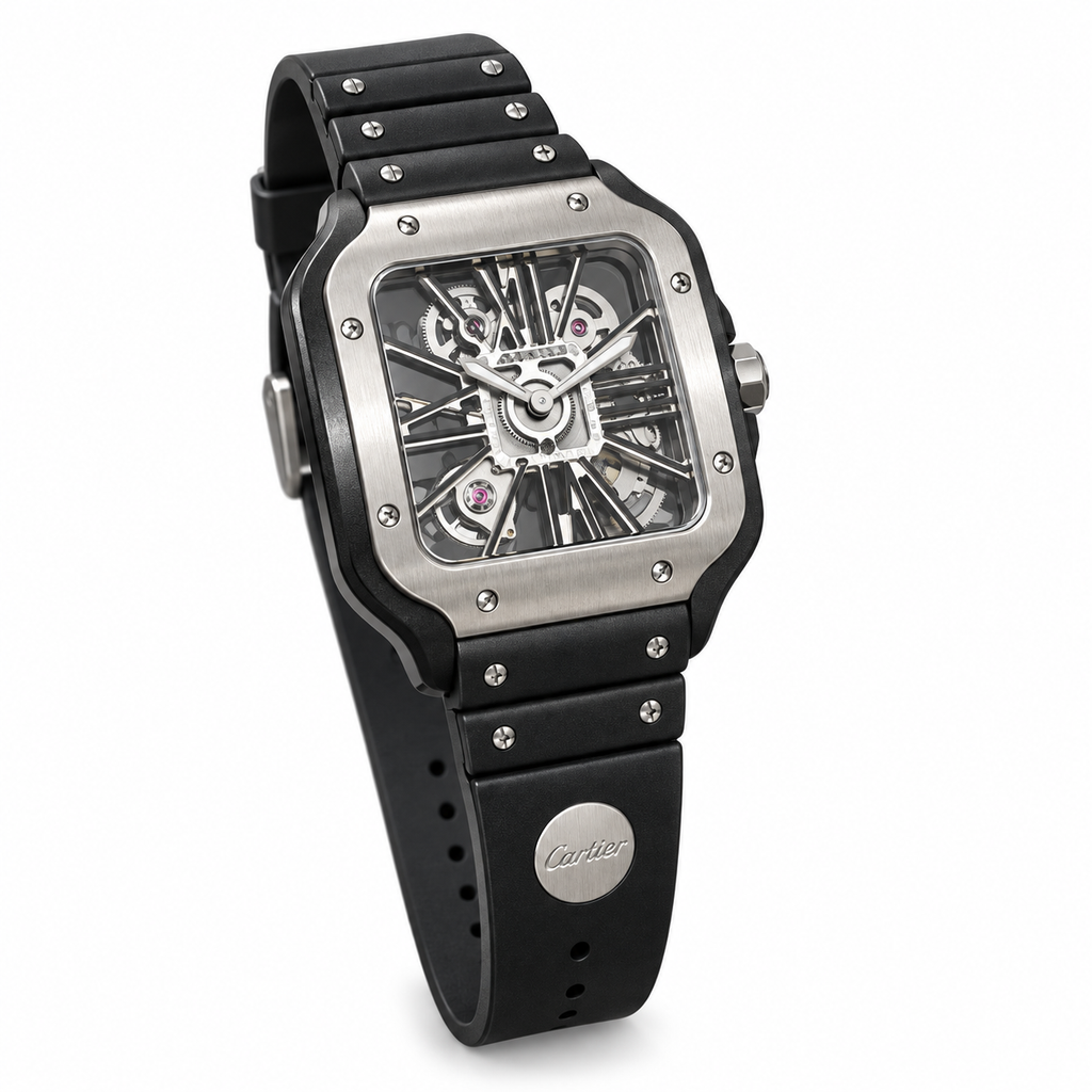 Cartier Santos de Cartier Large Steel Black DLC Skeleton Silver Roman Numeral Black Rubber Strap Automatic Watch