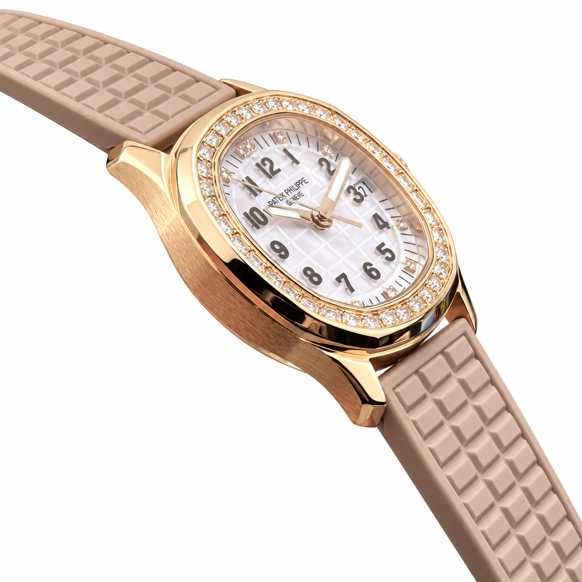 Patek Philippe Aquanaut Luce Rose Gold Diamond Bezel White MOP Beige Strap 44mm