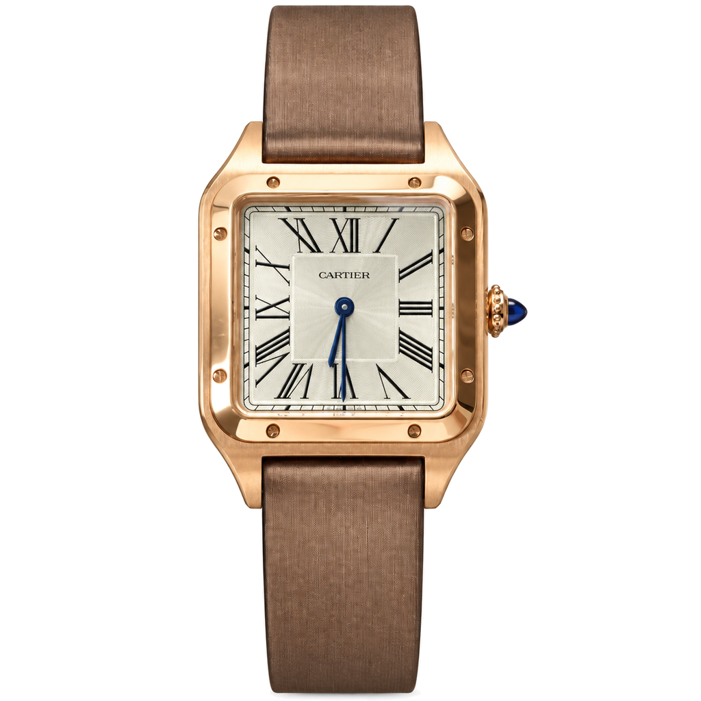 Cartier Santos-Dumont Large 18K Rose Gold Silver Guilloché Dial Manual-Winding Taupe Silk-Satin Strap Watch