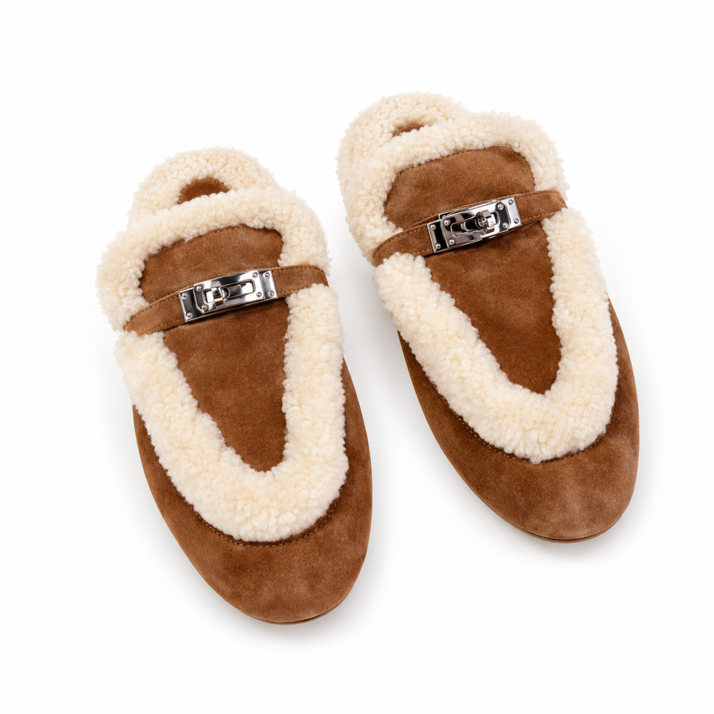 Hermès Tan Mules with Cream Plush Trim & Silver-Tone Hardware