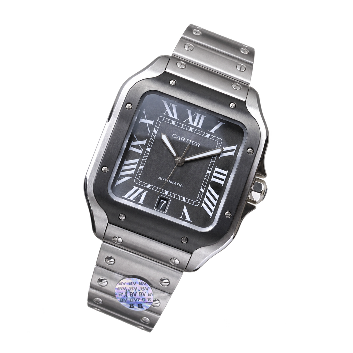 Cartier Santos de Cartier Large Stainless Steel Grey Dial Roman Numeral Steel Bracelet Automatic Watch