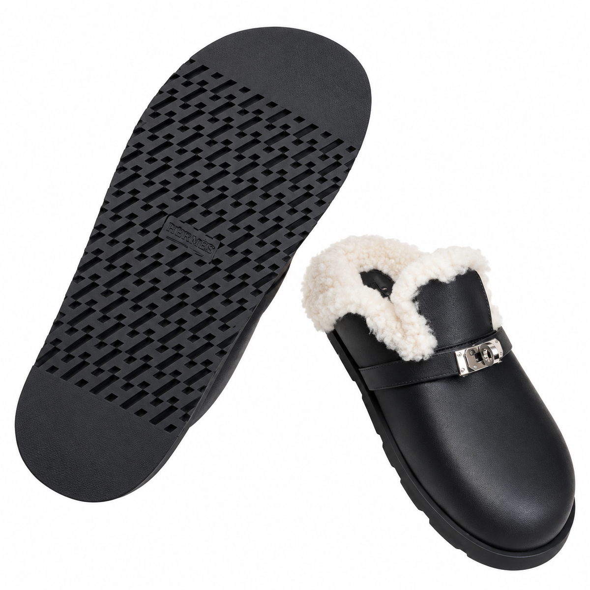 Hermès Black Mule Shoes with Cream Plush Trim