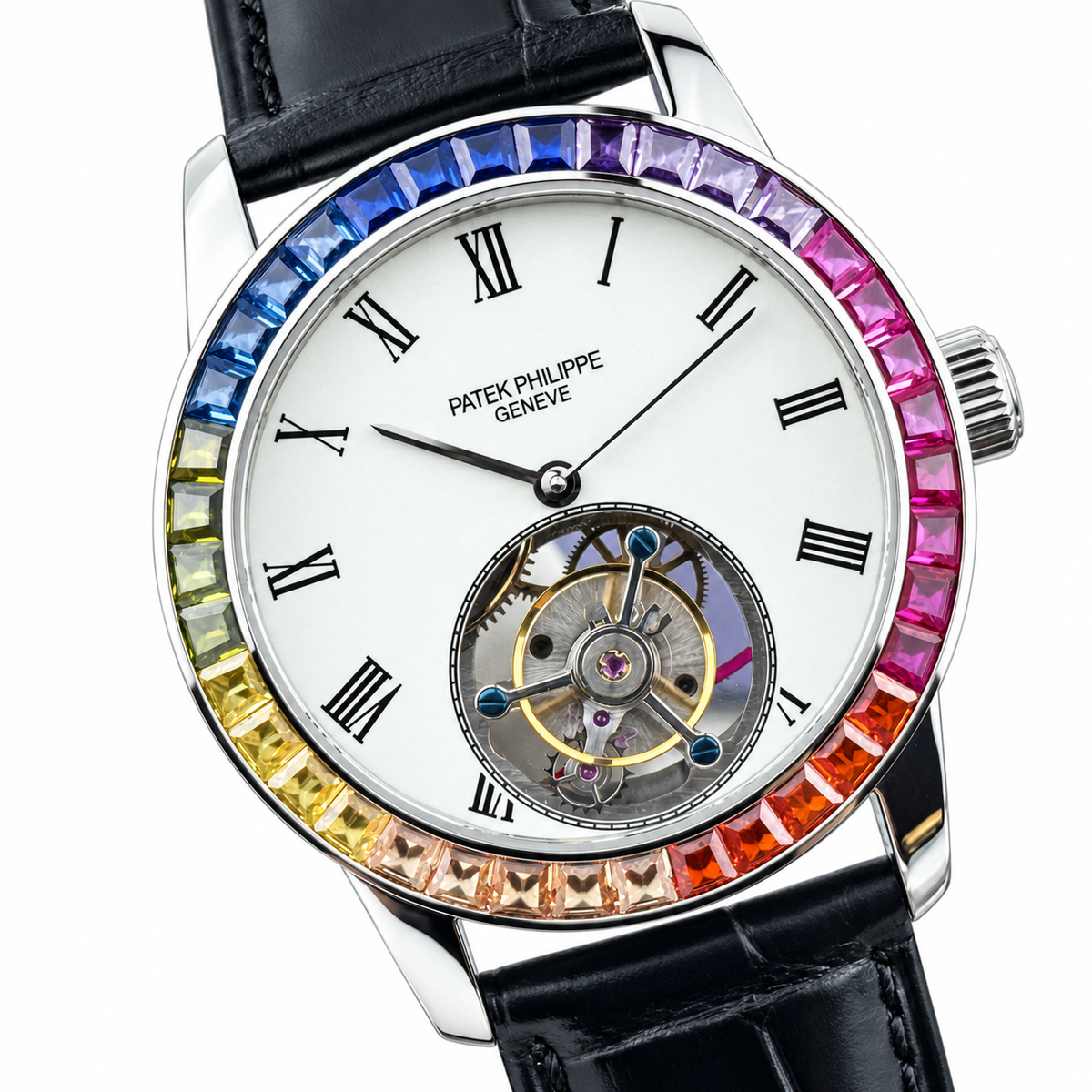 Patek Philippe Calatrava Tourbillon Rainbow Sapphire White Enamel Dial 42mm