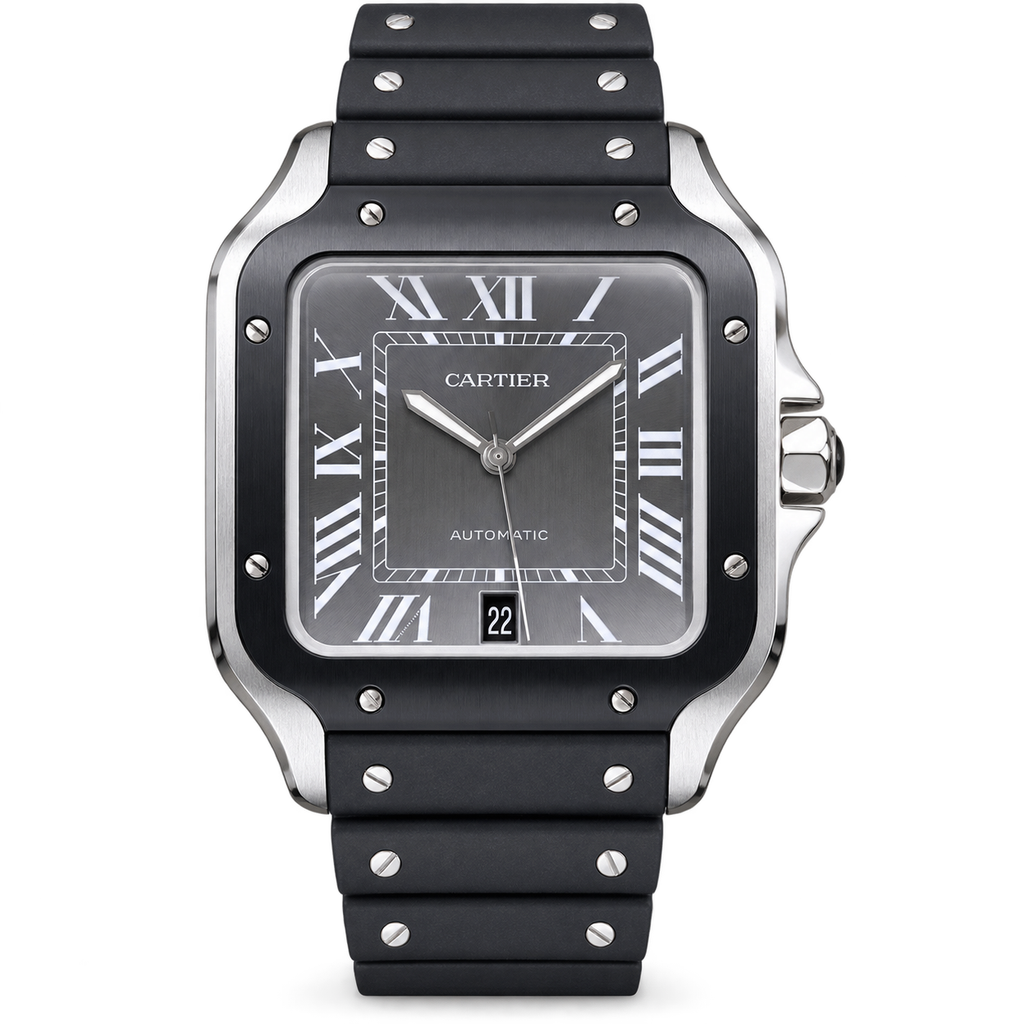 Cartier Santos de Cartier Large Steel & Black PVD Grey Dial Black Rubber Strap Automatic Watch