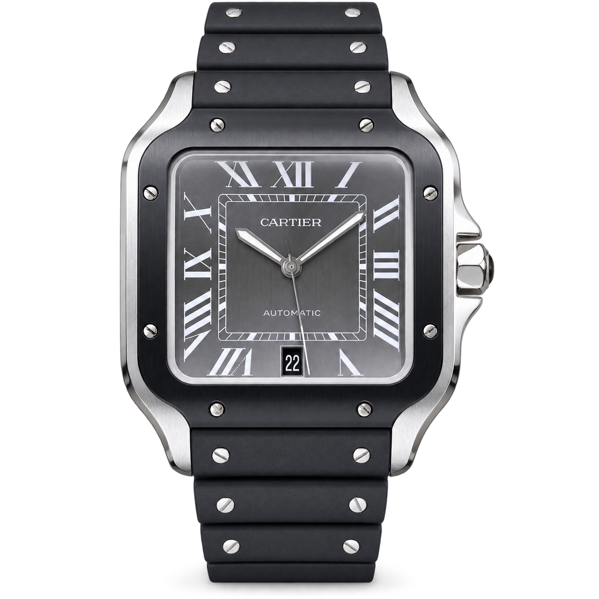 Cartier Santos de Cartier Large Steel & Black PVD Grey Dial Black Rubber Strap Automatic Watch