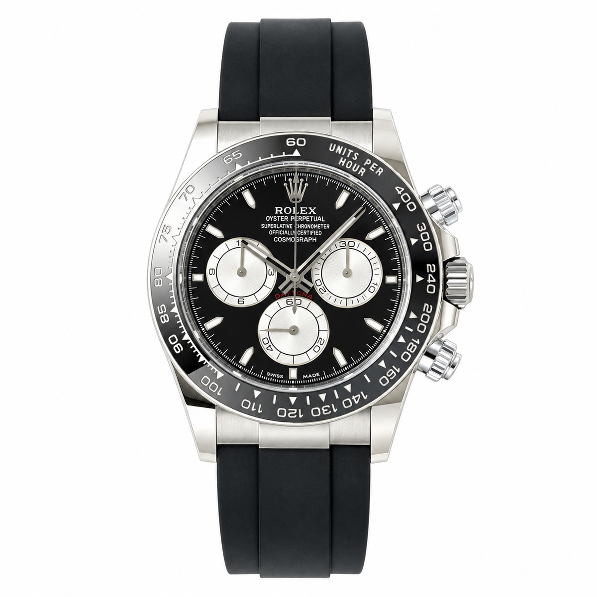 Rolex Cosmograph Daytona White Gold Black Ceramic Bezel Black Dial Silver Sub-dials Oysterflex Watch