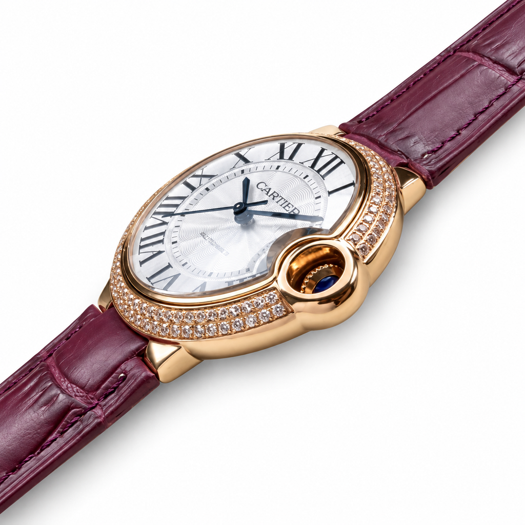 Cartier Ballon Bleu Rose Gold Diamond Bezel Silver Dial Purple Alligator Watch