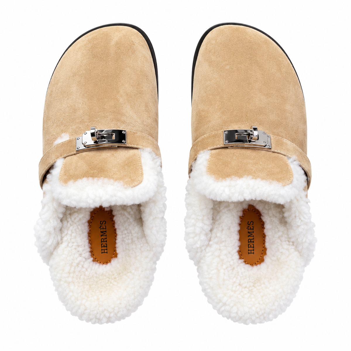 Hermès Beige Mule Shoes with Cream Plush Trim