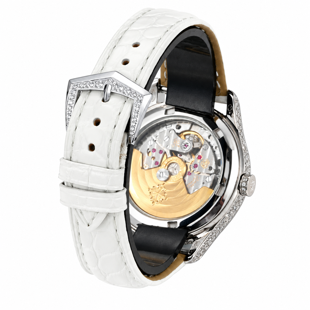 Patek Philippe Ladies White Gold Full Diamond Case Annual Calendar Moon Phase MOP Dial Arabic Numerals 38mm