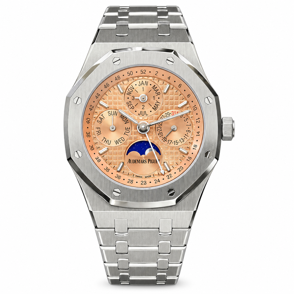 Audemars Piguet Royal Oak Perpetual Calendar Salmon Grande Tapisserie Dial Moon Phase Stainless Steel