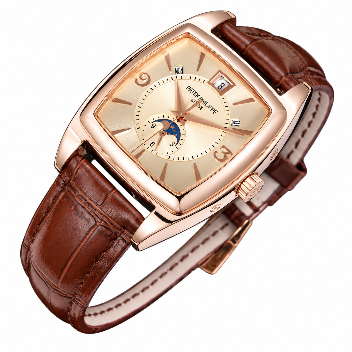 Patek Philippe Gondolo Cushion Rose Gold Moon Phase Small Seconds Date Month Ivory Dial Brown Strap 34mm