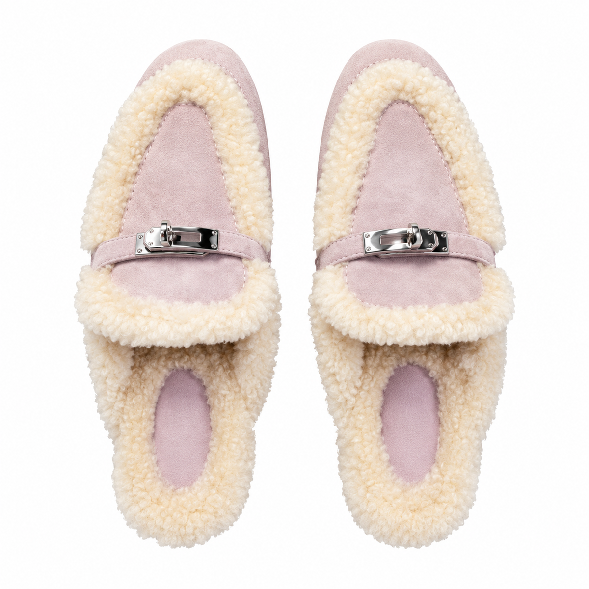 Hermès Pink Mules with Cream Plush Trim & Silver-Tone Hardware