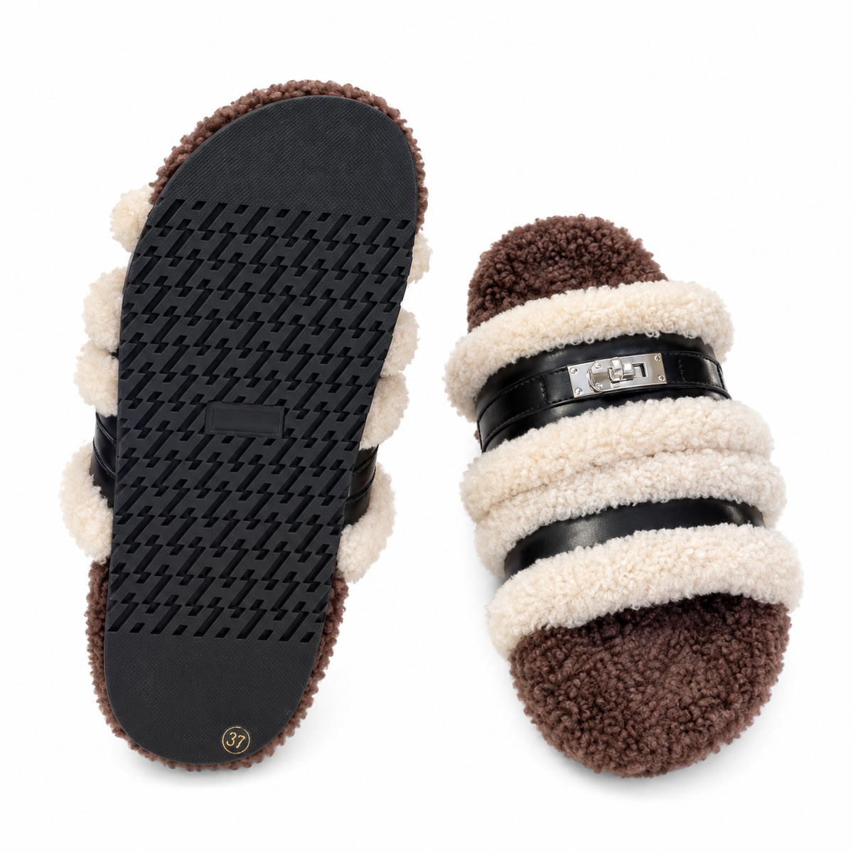 Hermès Black Double-Strap Slides with Cream Plush Trim