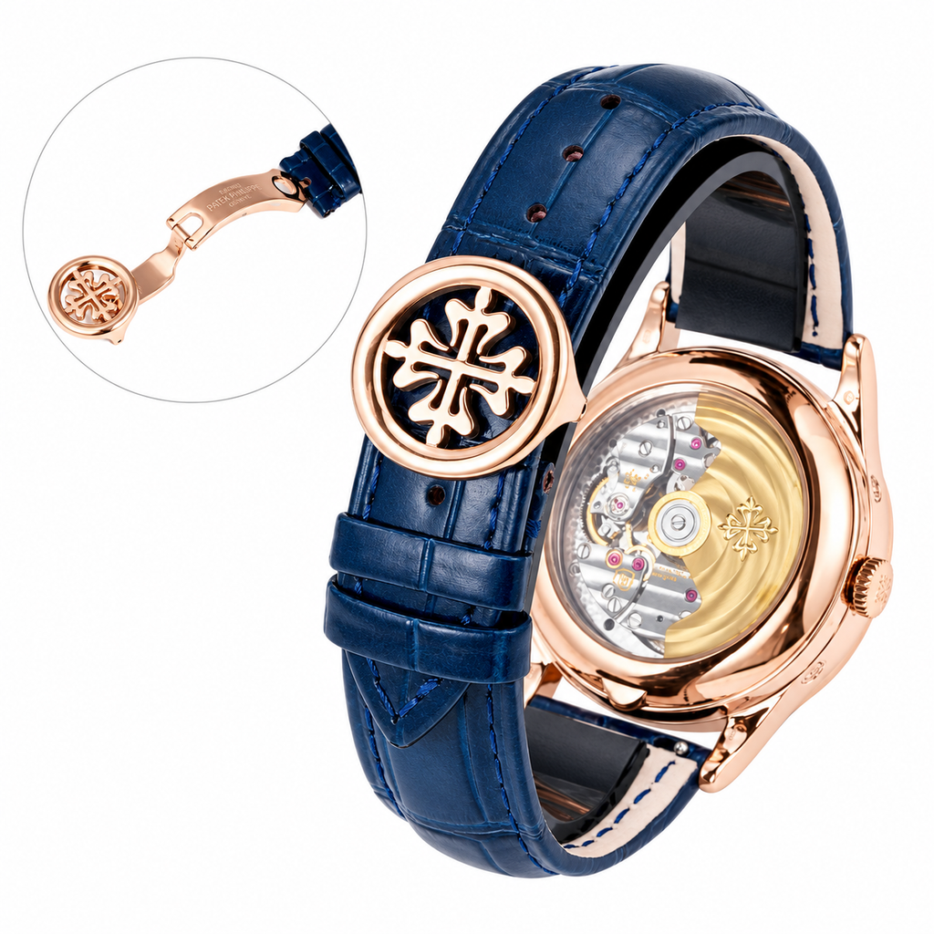 Patek Philippe Complications Rose Gold Baguette Diamond Bezel Blue Dial Annual Calendar Moon Phase Day Month Date Blue Strap 38mm