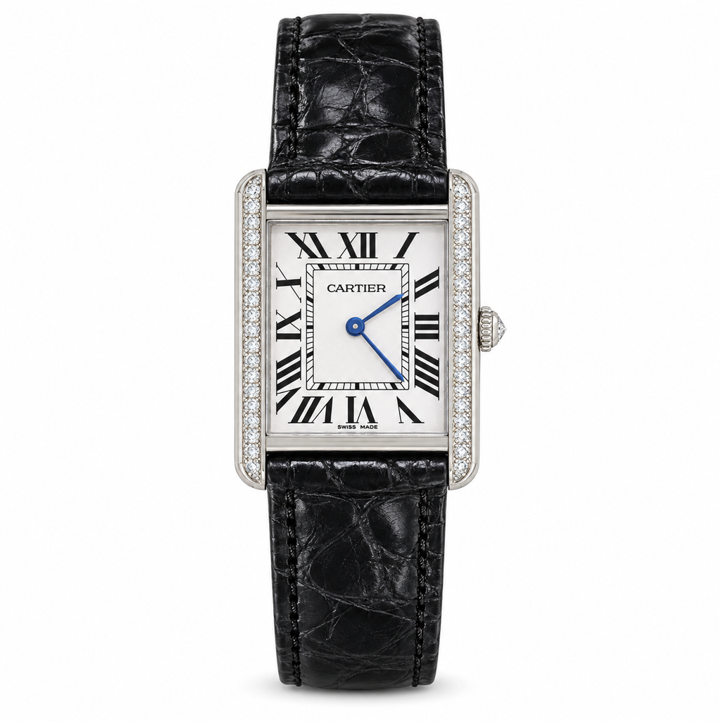 Cartier Tank Solo Small Stainless Steel Diamond Bezel White Dial Grey Alligator Strap Watch