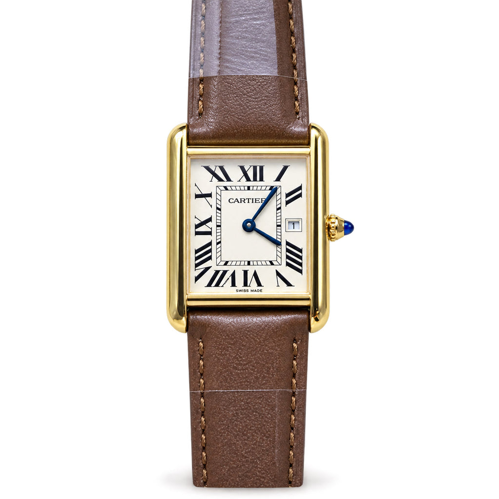 Cartier Tank Solo — 18K Yellow Gold, Ivory Dial, Date & Brown Leather Strap, Large