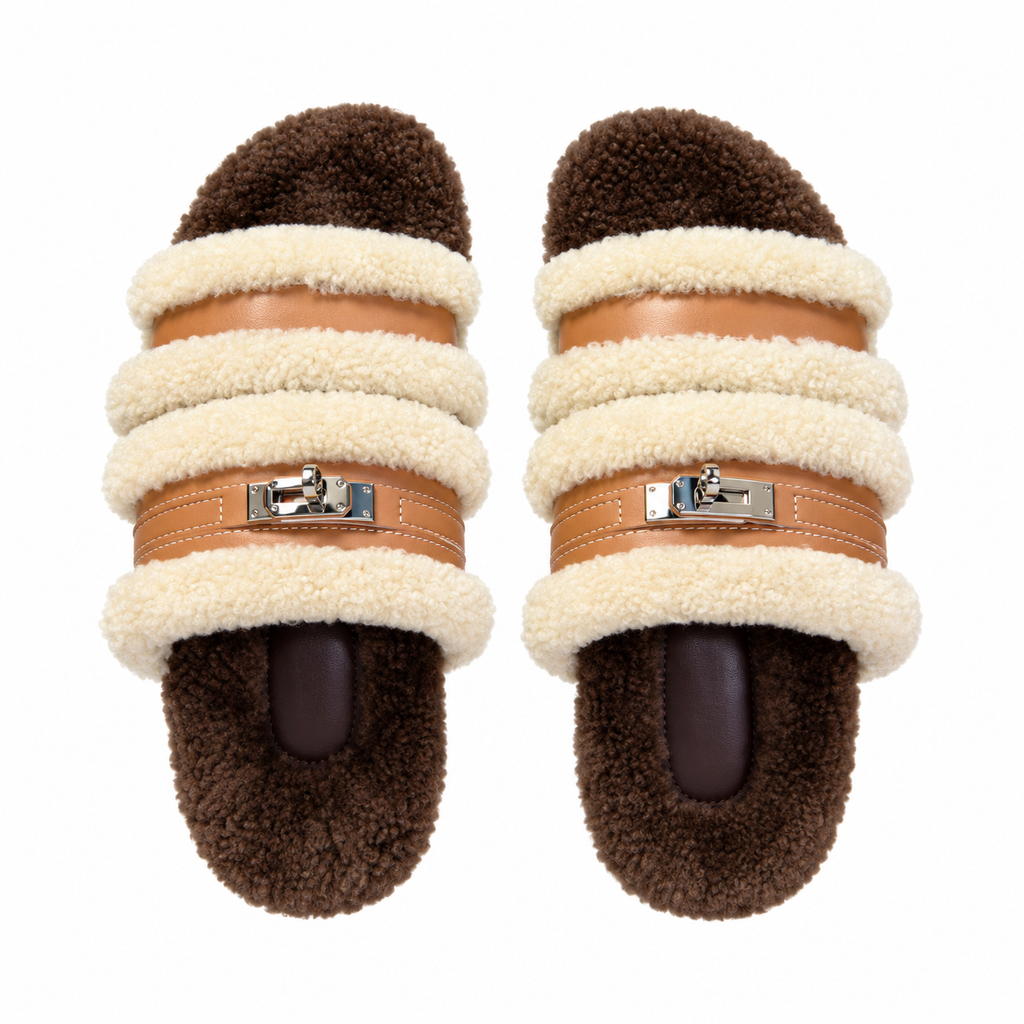 Hermès Cream Plush Slide Sandals with Tan Double Straps