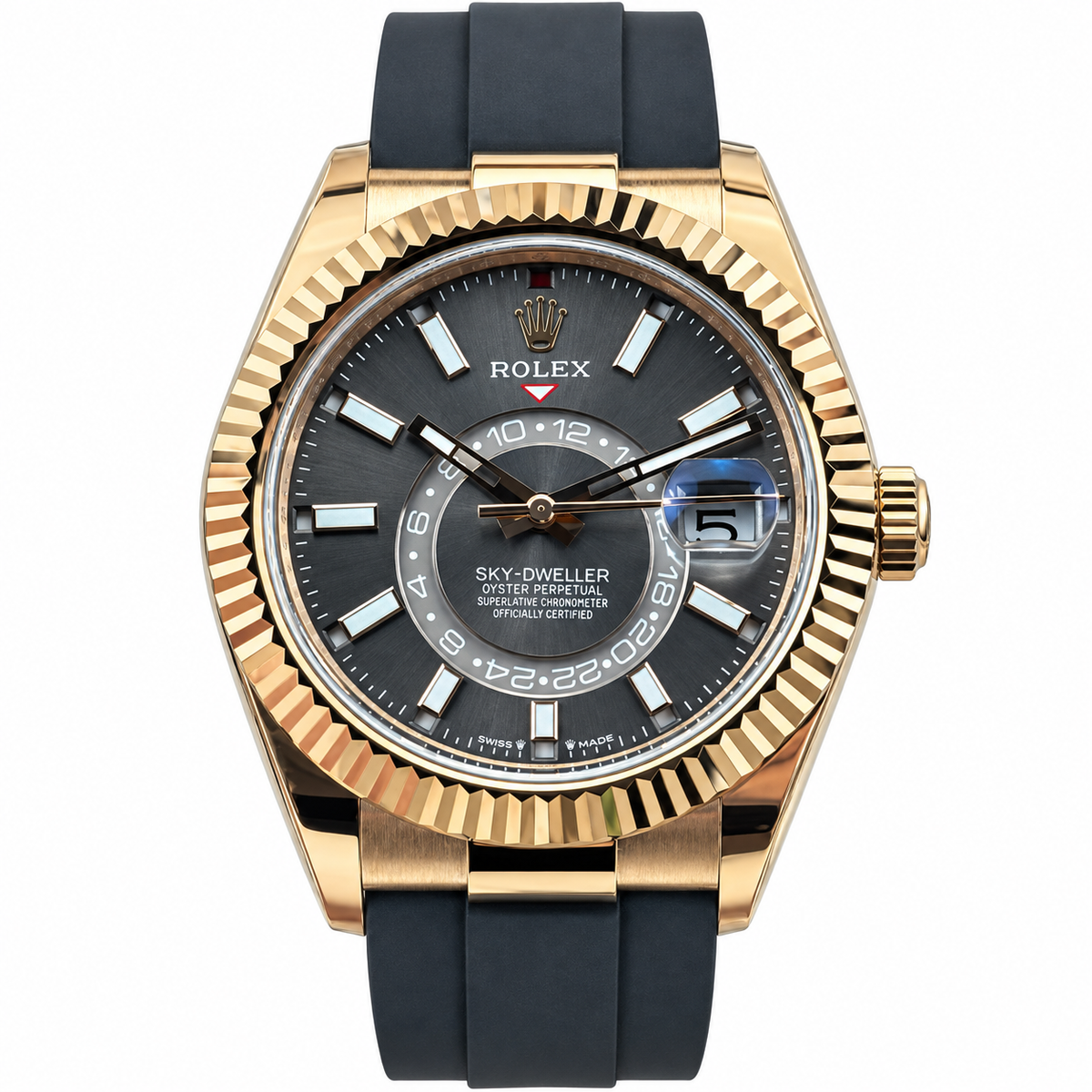 Rolex Sky-Dweller Everose Gold Fluted Bezel Slate Dial Oysterflex Watch