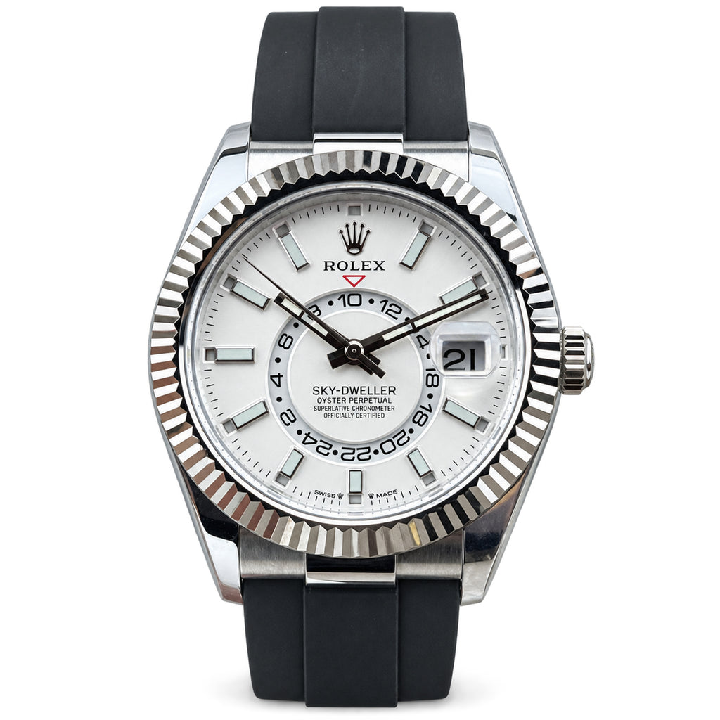 Rolex Sky-Dweller Oystersteel White Gold Fluted Bezel White Dial Oysterflex Watch