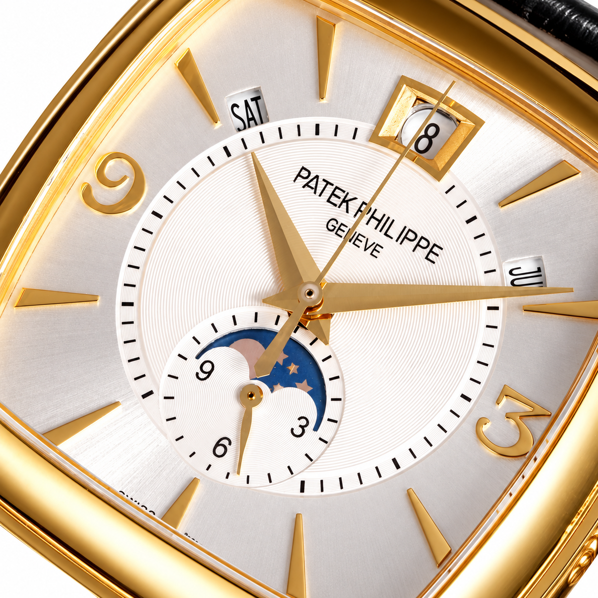 Patek Philippe Gondolo Tonneau Yellow Gold Moon Phase Day Date Month Silver Dial Black Strap 34mm