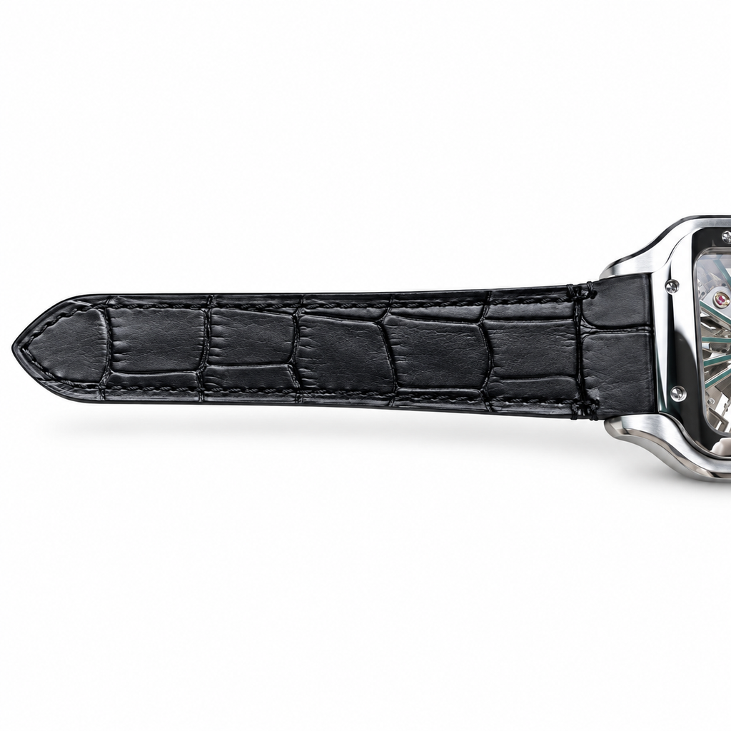Cartier Santos de Cartier Large Stainless Steel Skeleton Green Roman Numeral Black Alligator Strap Automatic Watch