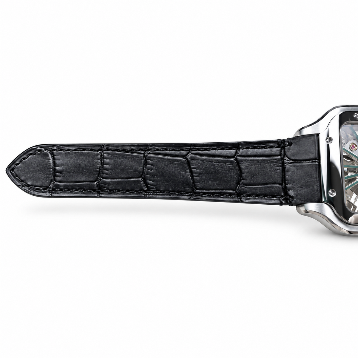 Cartier Santos de Cartier Large Stainless Steel Skeleton Green Roman Numeral Black Alligator Strap Automatic Watch