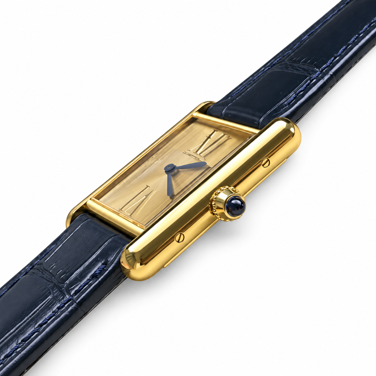 Cartier Tank Must Yellow Gold Champagne Dial Navy Alligator Strap Watch