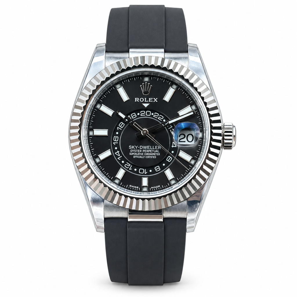 Rolex Sky-Dweller Oystersteel White Gold Fluted Bezel Black Dial Oysterflex Watch