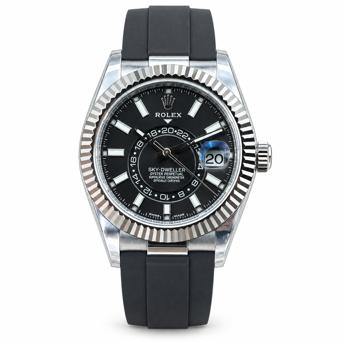 Rolex Sky-Dweller Oystersteel White Gold Fluted Bezel Black Dial Oysterflex Watch