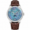 Patek Philippe Ladies Annual Calendar White Gold Double Diamond Bezel Blue MOP Dial Roman Numerals Moon Phase Brown Strap 38mm