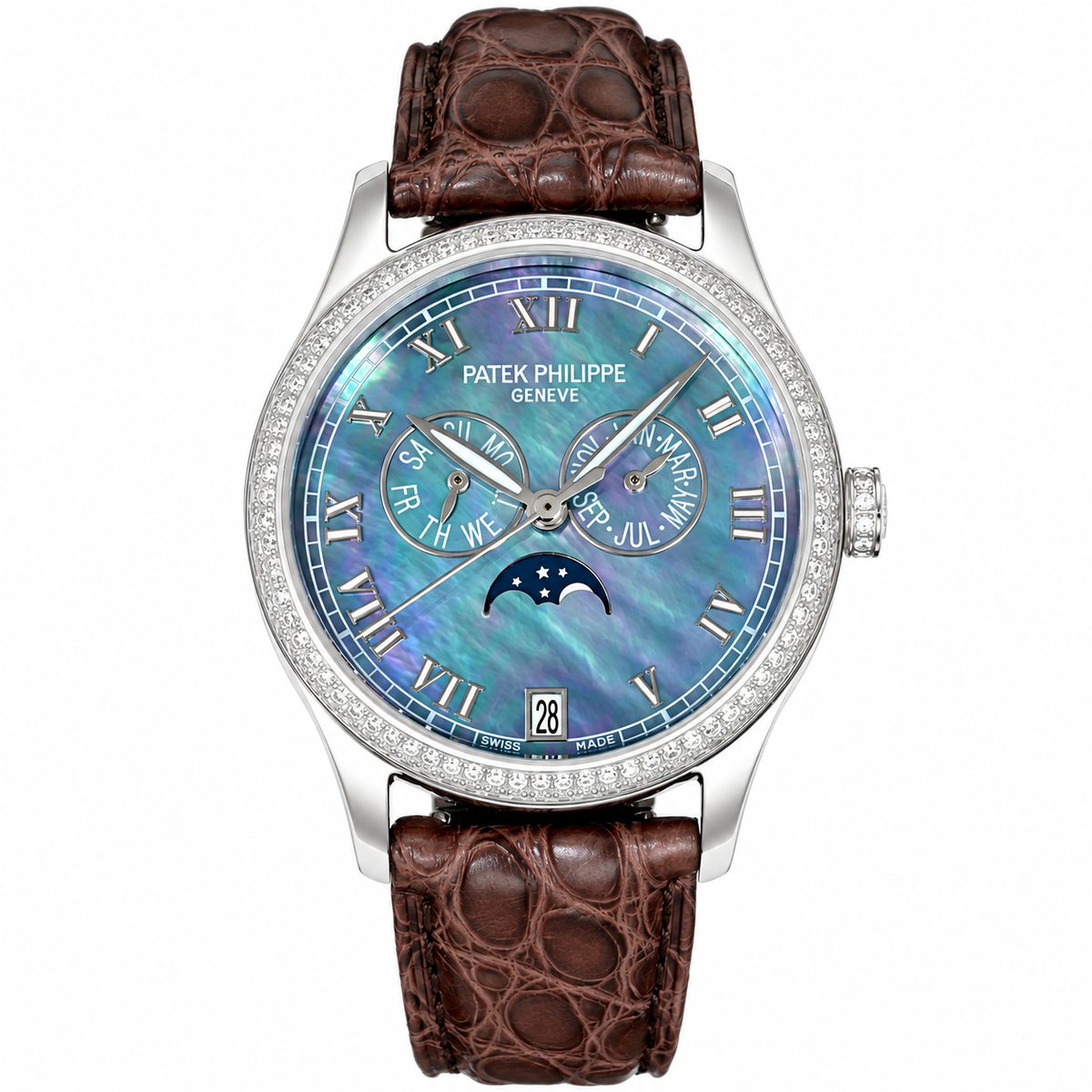 Patek Philippe Ladies Annual Calendar White Gold Double Diamond Bezel Blue MOP Dial Roman Numerals Moon Phase Brown Strap 38mm