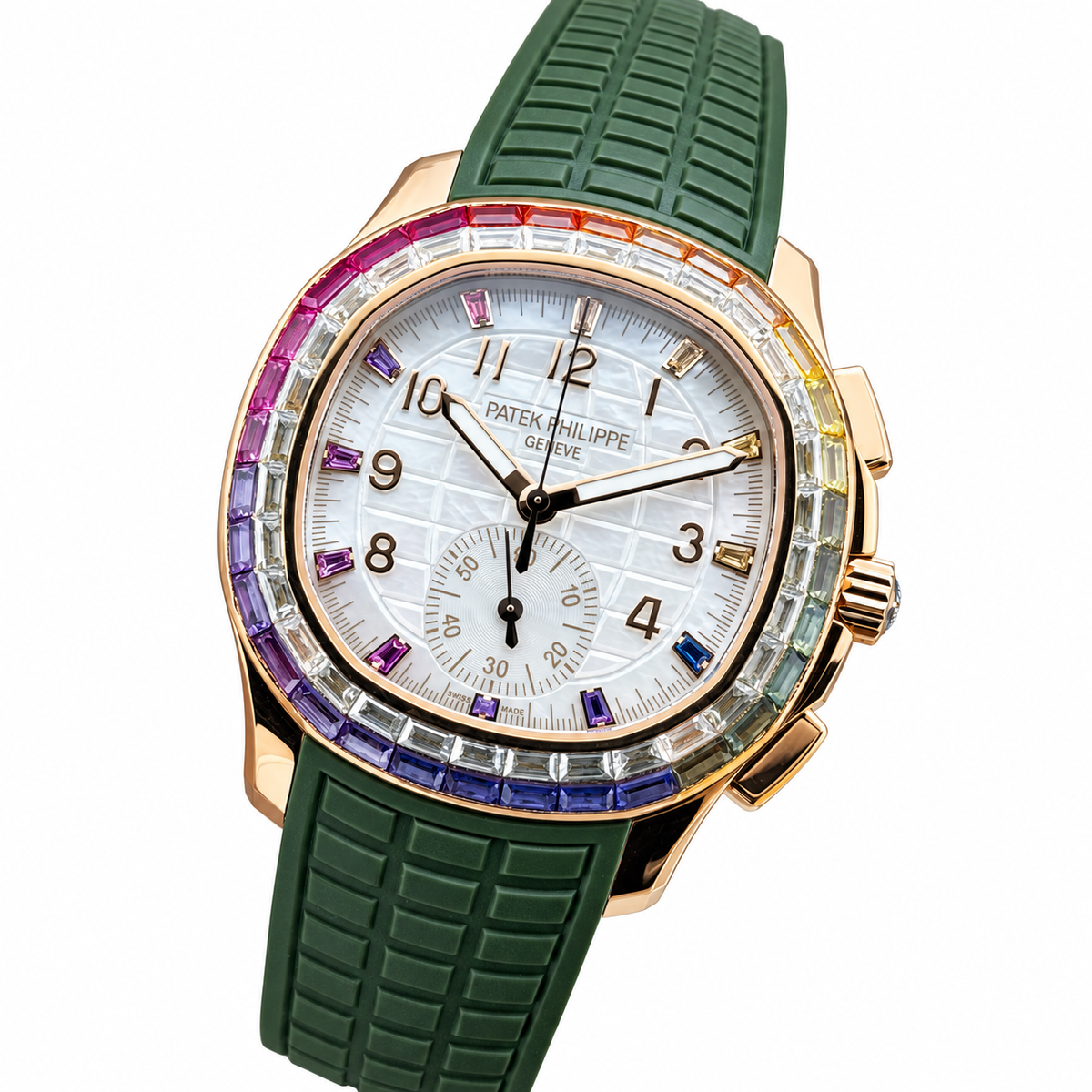 Patek Philippe Aquanaut Chronograph Rose Gold Rainbow Sapphire White MOP Forest Green Strap 39.9mm