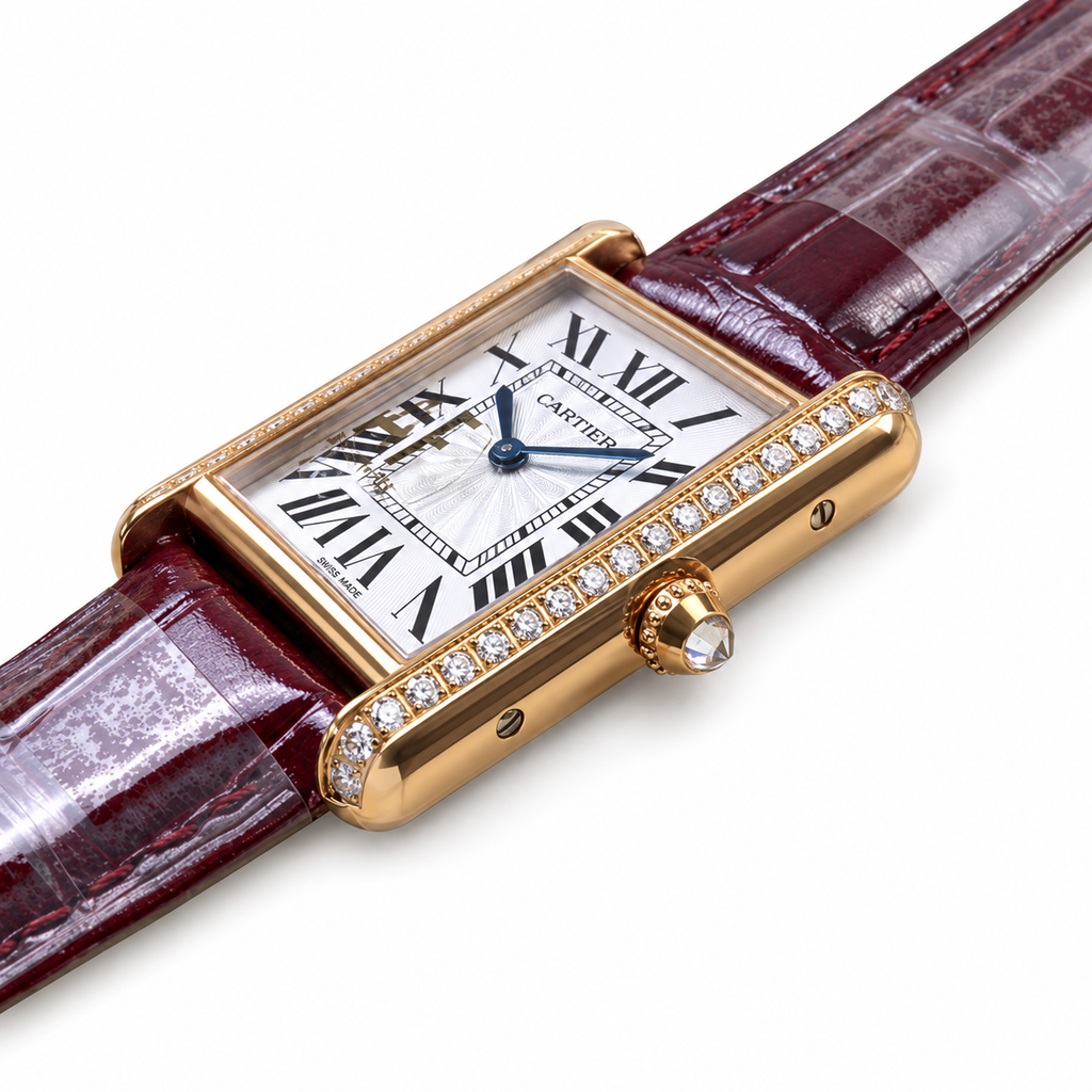 Cartier Tank Diamond Yellow Gold Burgundy Alligator Watch
