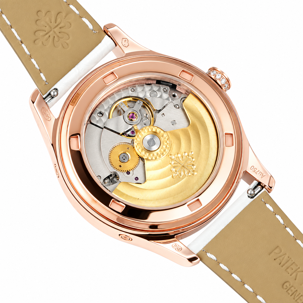 Patek Philippe Ladies Rose Gold Diamond Bezel Annual Calendar Moon Phase MOP Dial White Strap 38mm