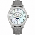 Patek Philippe Ladies Complications White Gold Full Diamond Bezel Lugs White MOP Dial Arabic Numerals Annual Calendar Moon Phase Date Grey Strap 38mm