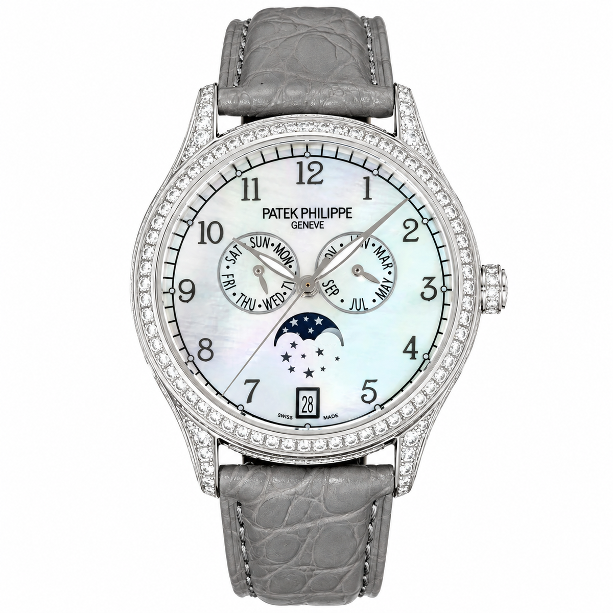 Patek Philippe Ladies Complications White Gold Full Diamond Bezel Lugs White MOP Dial Arabic Numerals Annual Calendar Moon Phase Date Grey Strap 38mm